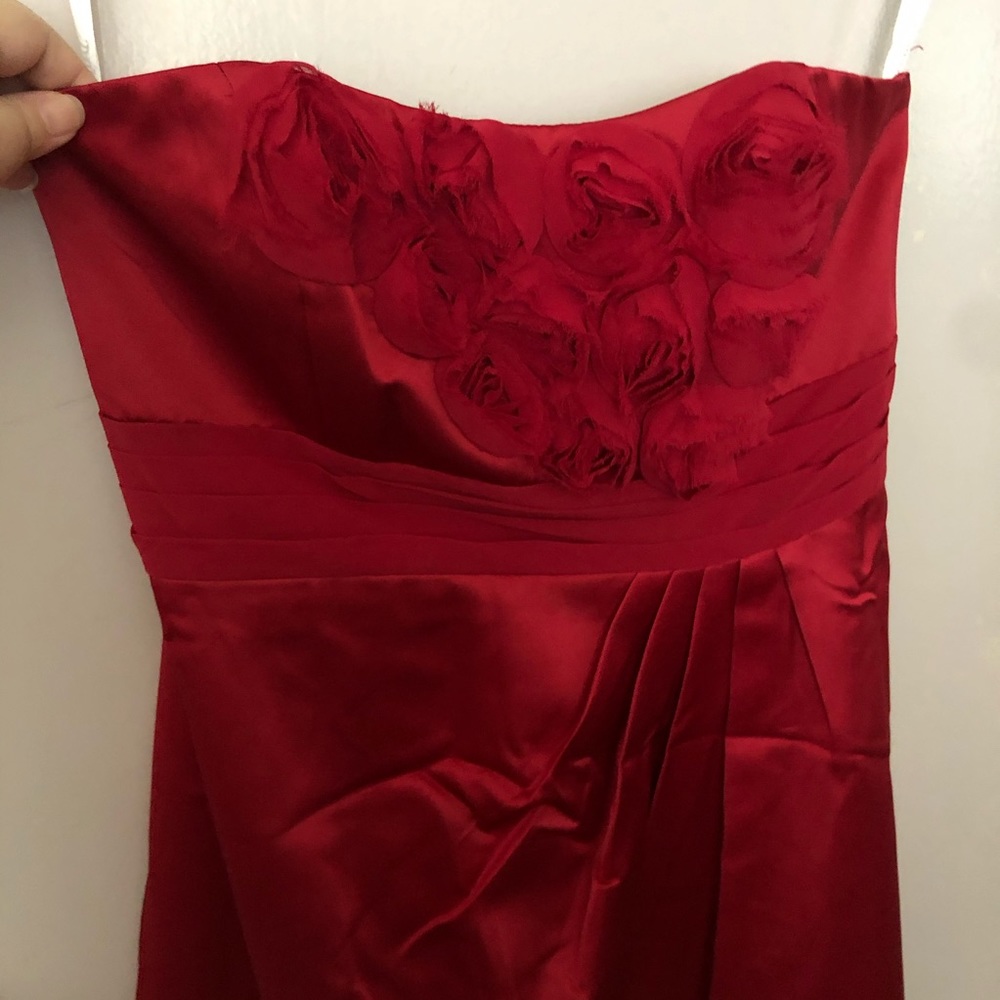 David’s Bridal strapless red bridesmaid dress